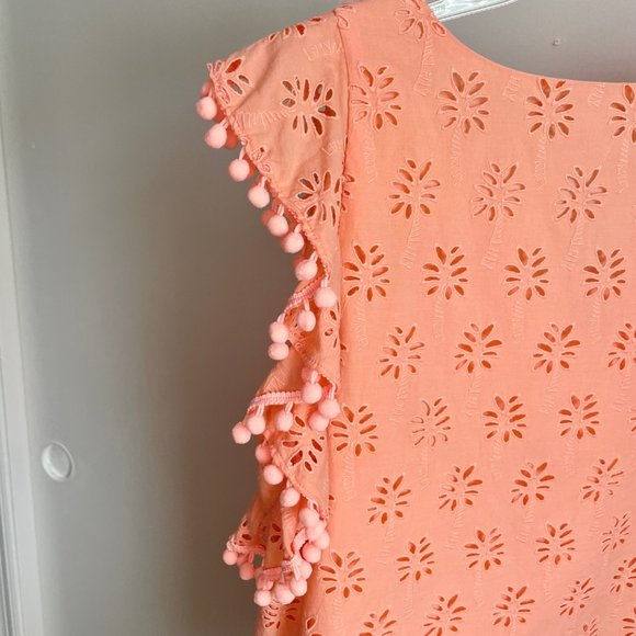 Lilly Pulitzer Astara Top Peach Palm Tree Eyelet Pom Pom Sleeve V Neck Blouse S - Picture 10 of 12